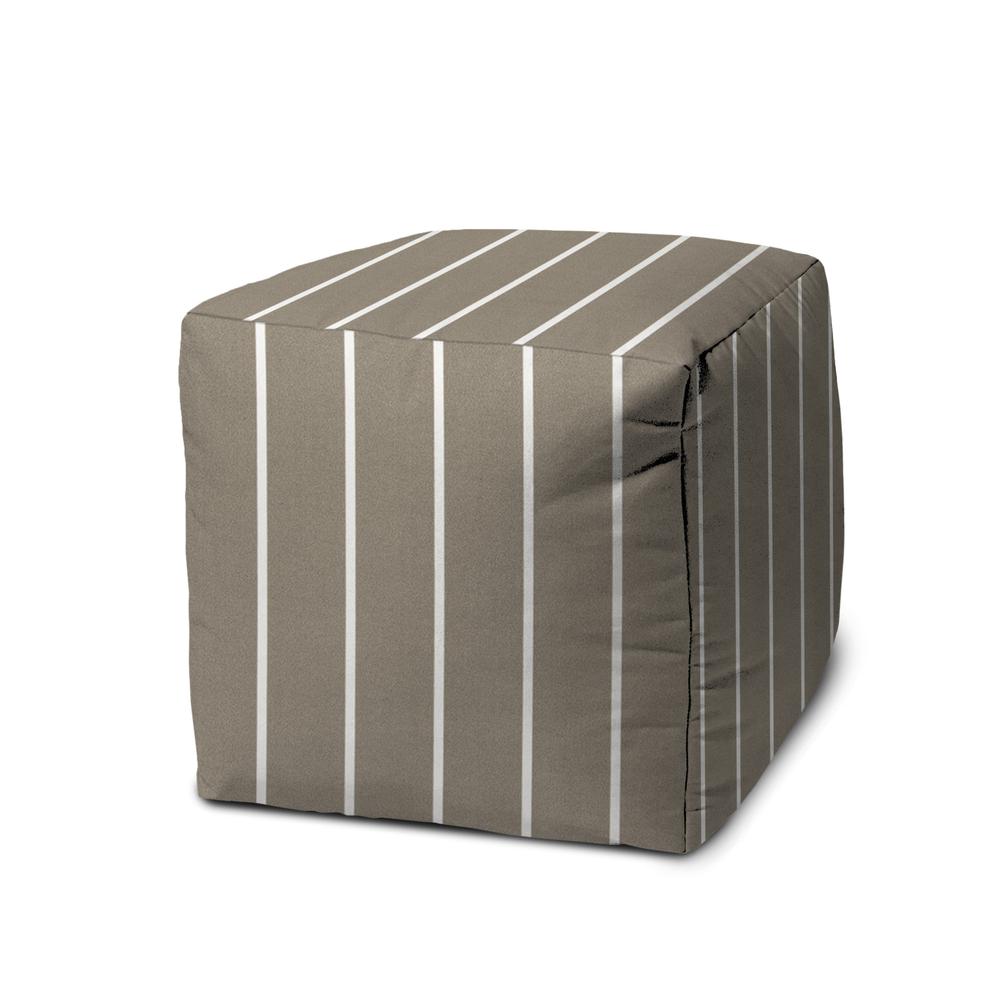 17" Taupe Cube Striped Indoor Outdoor Pouf Cover. Picture 1