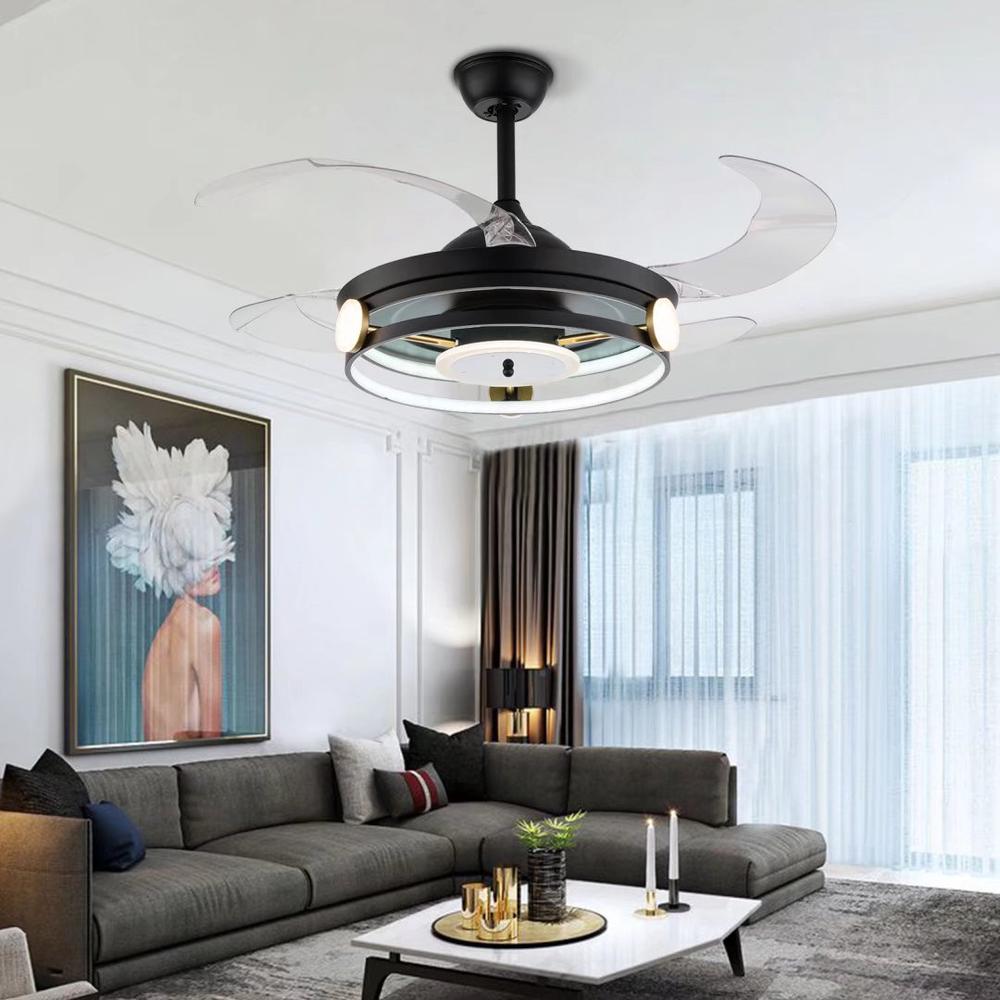Modern Black Ceiling Lamp With Retractable Fan. Picture 1