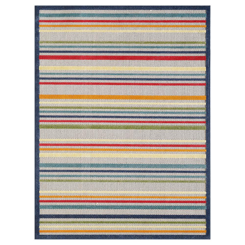 2' X 4' Ivory And Blue Striped Stain Resistant Indoor Outdoor Area Rug. Picture 1