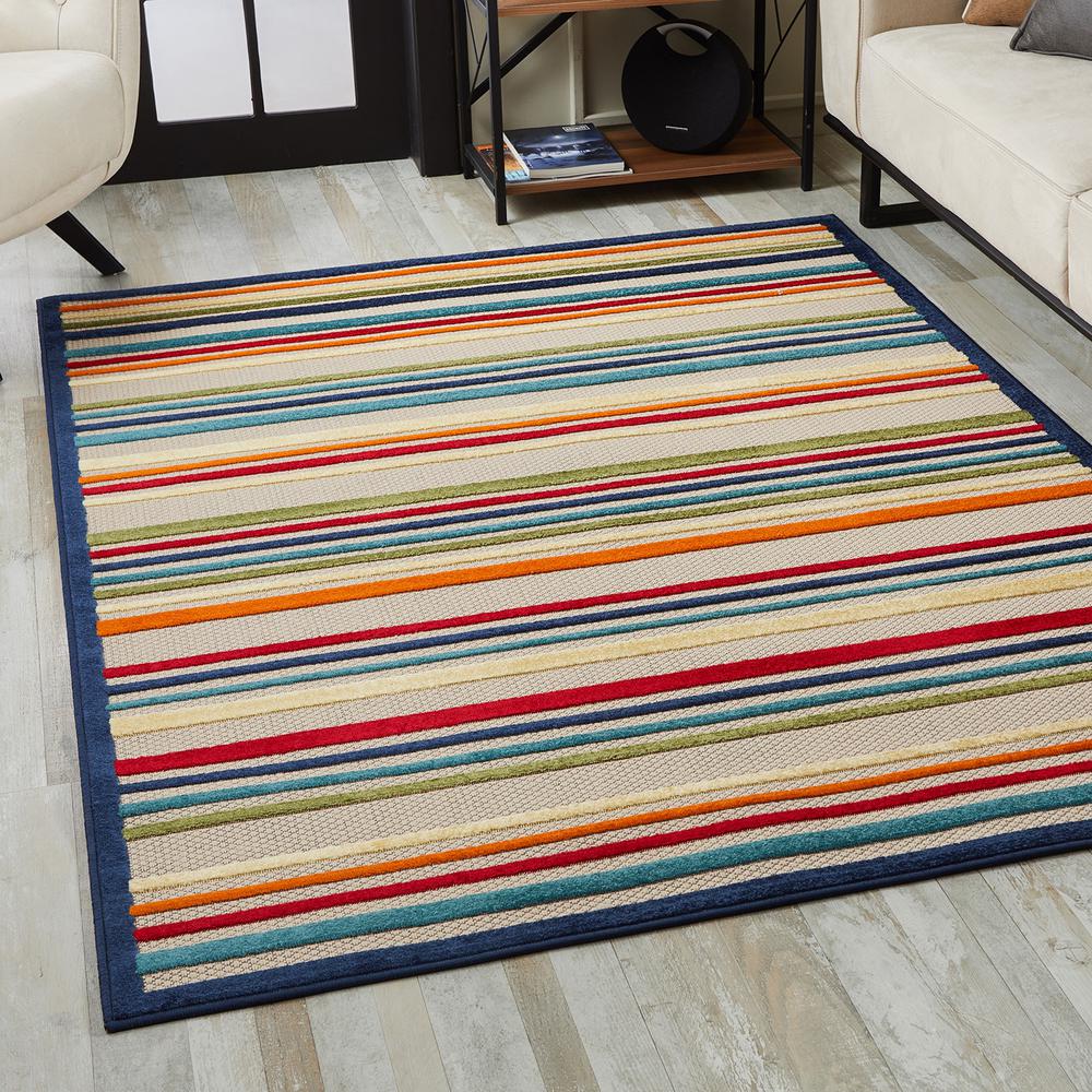 2' X 4' Ivory And Blue Striped Stain Resistant Indoor Outdoor Area Rug. Picture 5
