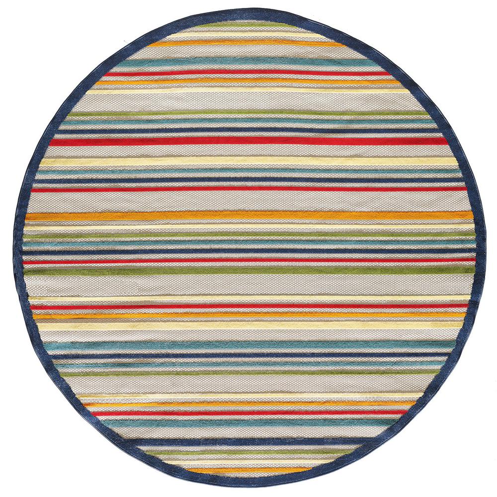 8' Round Ivory And Blue Round Striped Stain Resistant Indoor Outdoor Area Rug. Picture 2