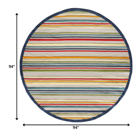 8' Round Ivory And Blue Round Striped Stain Resistant Indoor Outdoor Area Rug. Picture 4