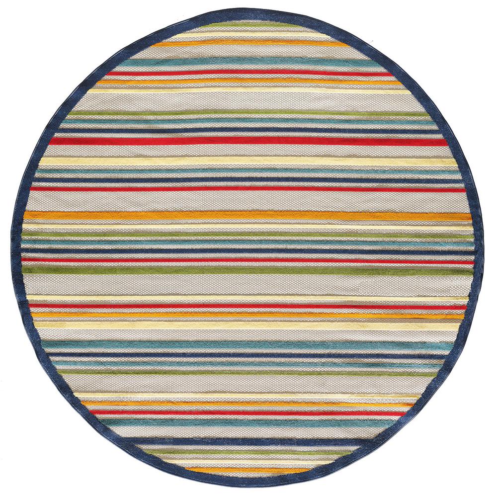 8' Round Ivory And Blue Round Striped Stain Resistant Indoor Outdoor Area Rug. Picture 1