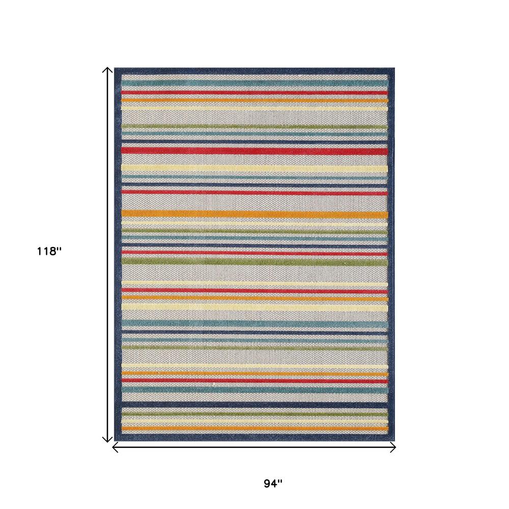 8' X 10' Ivory And Blue Striped Stain Resistant Indoor Outdoor Area Rug. Picture 7