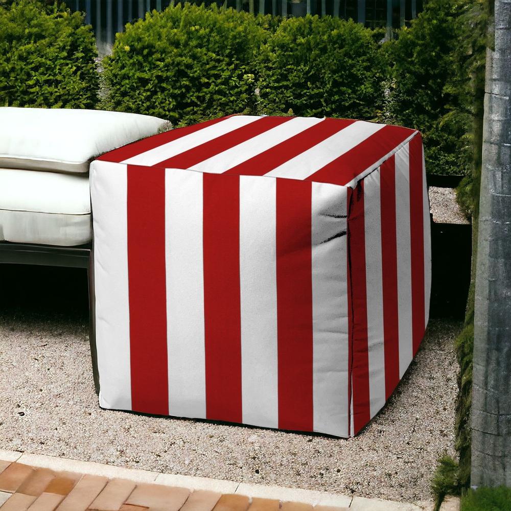 17" Red And White Cube Striped Indoor Outdoor Pouf Cover. Picture 2