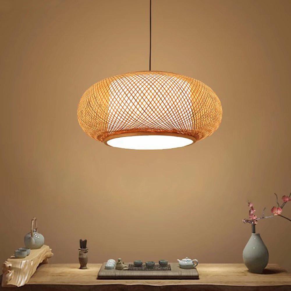 Natural Bamboo Rattan Oval Open Weave Hanging Ceiling Light. Picture 1