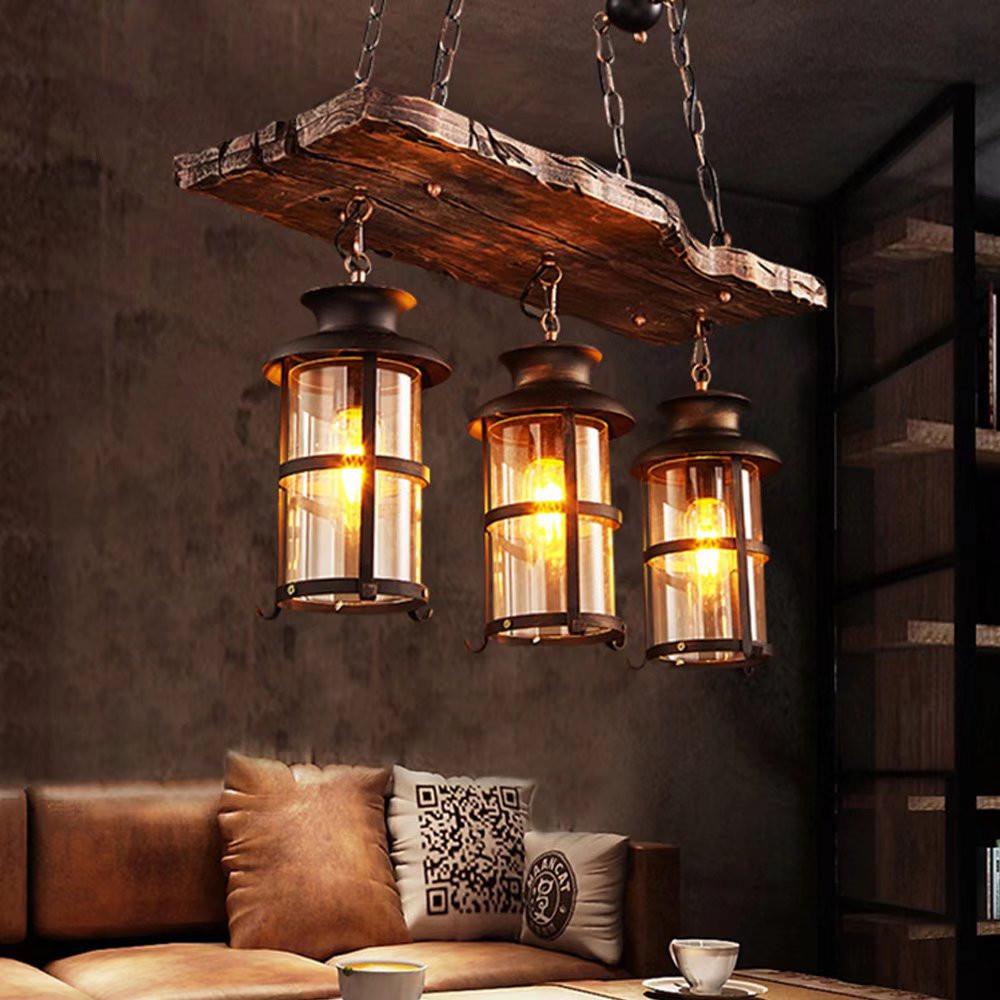 Rustic Wood and Metal Three Light Hanging Lantern Chandelier. Picture 1