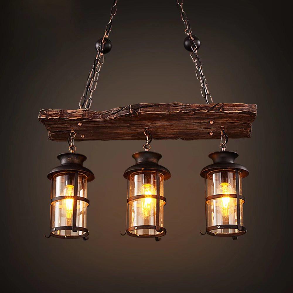Rustic Wood and Metal Three Light Hanging Lantern Chandelier. Picture 2