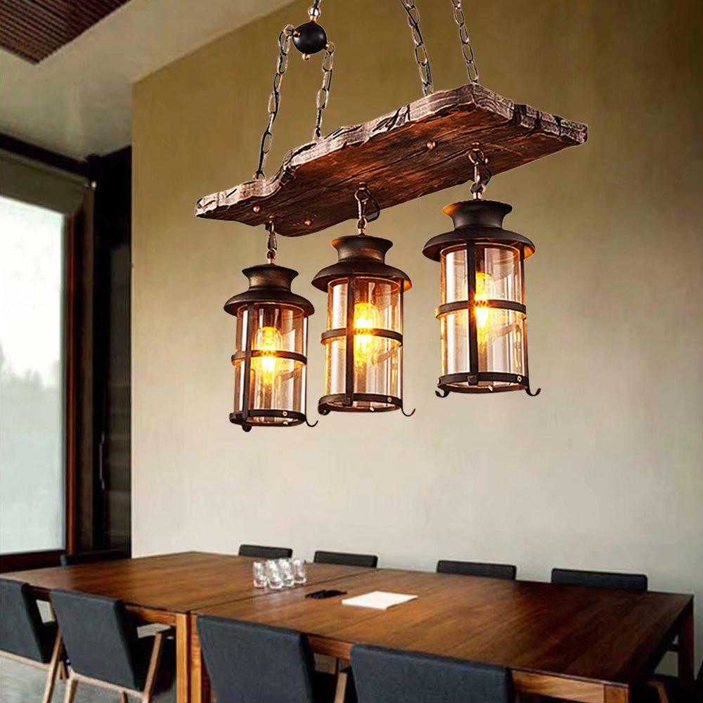 Rustic Wood and Metal Three Light Hanging Lantern Chandelier. Picture 3