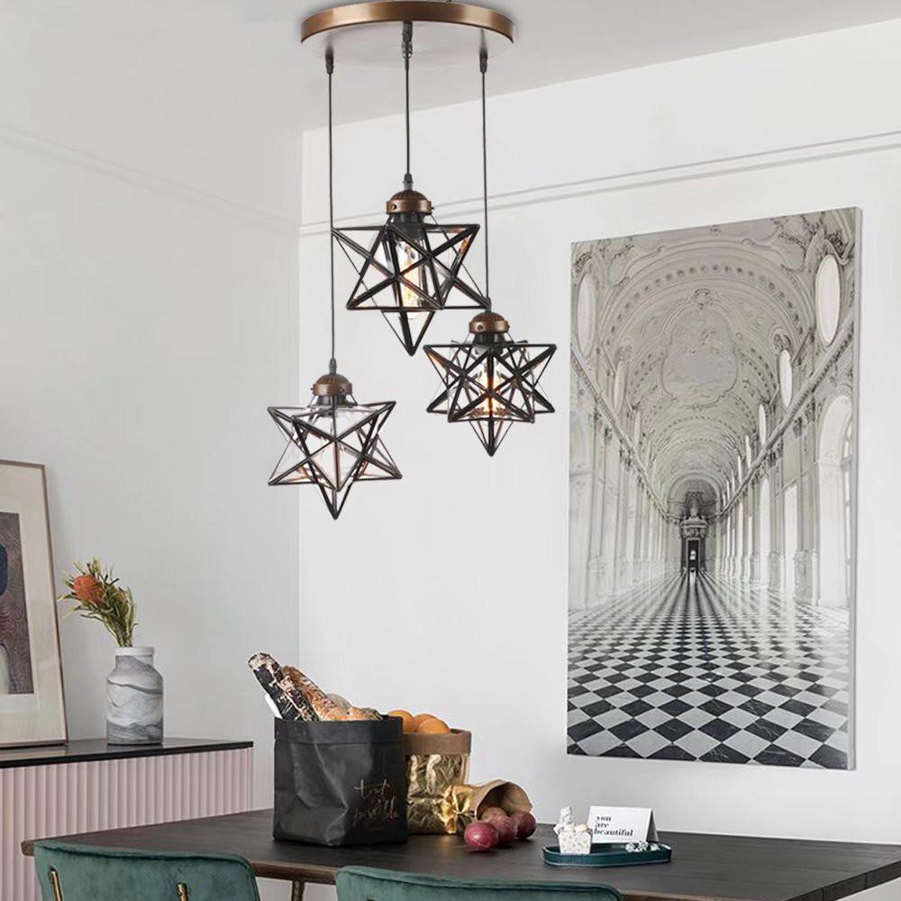 Brown Metal and Glass Star Geometric Hanging Lamp. Picture 2