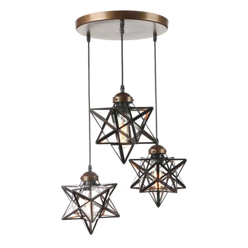 Brown Metal and Glass Star Geometric Hanging Lamp. Picture 6