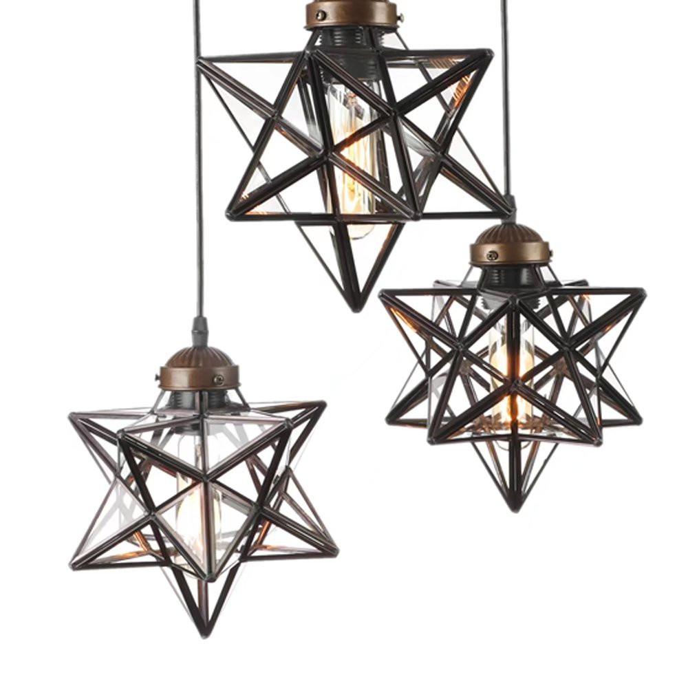Brown Metal and Glass Star Geometric Hanging Lamp. Picture 7