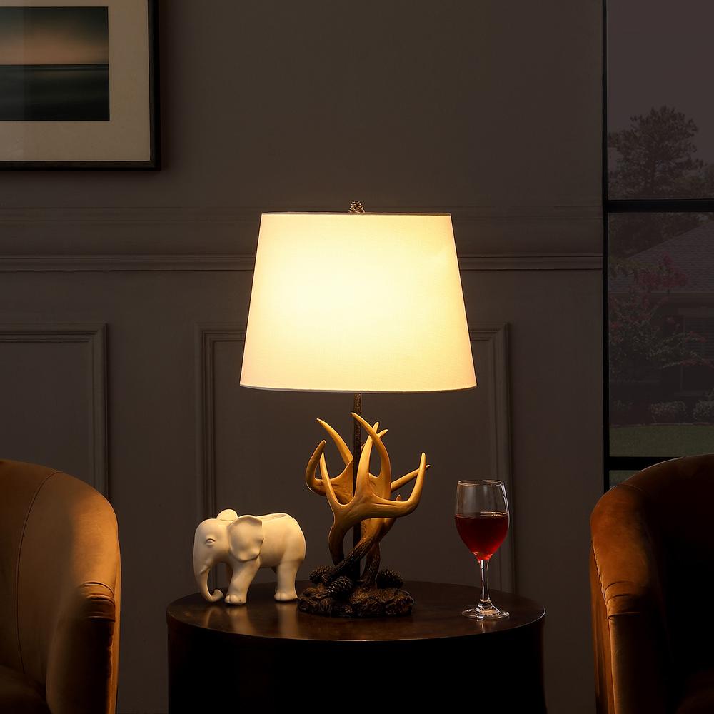 26" Natural And Brown Antlers Table Lamp With White Shade. Picture 4
