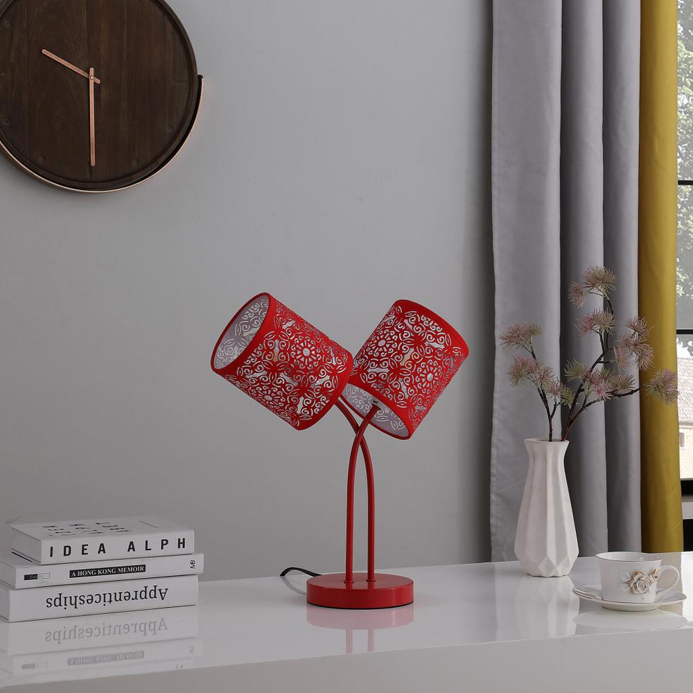 17” Red Laser Cut Floral Metal Two Light Table Lamp. Picture 4