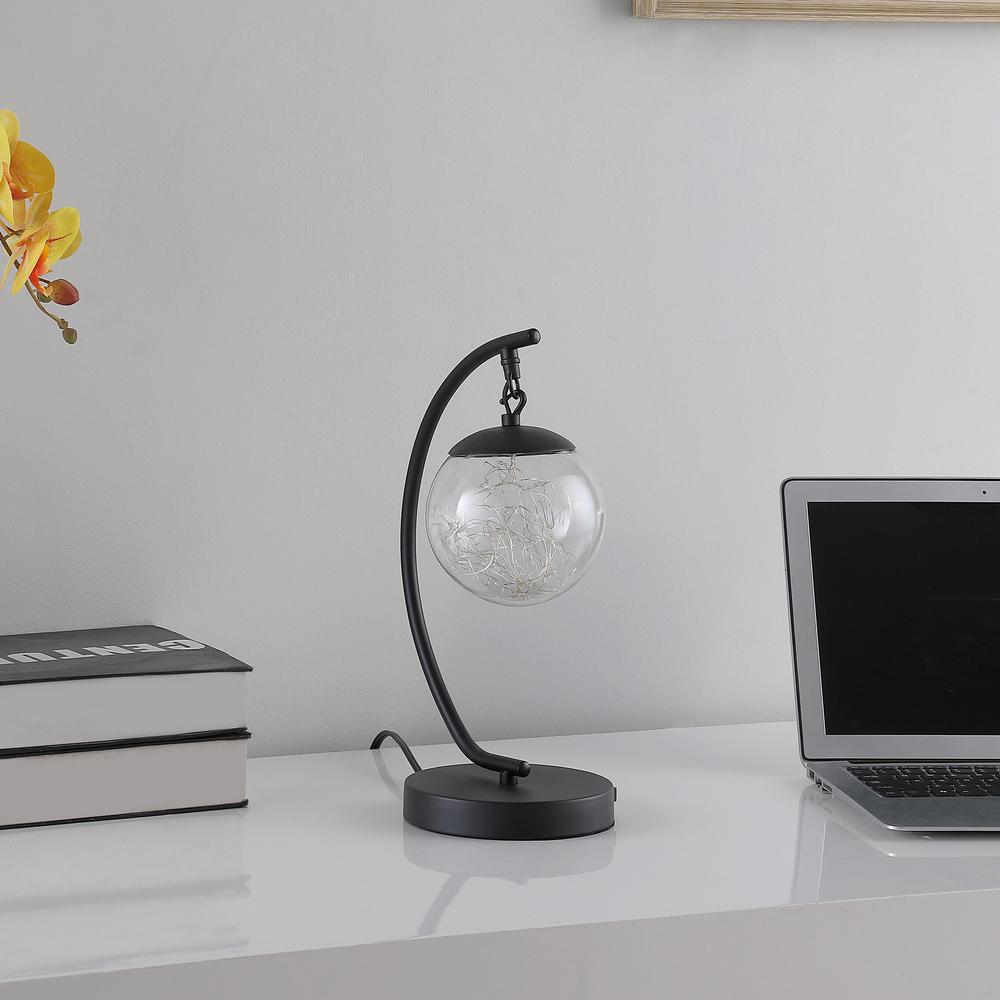 14" Matte Black Metal Arched Hanging Orb USB Table Lamp. Picture 5