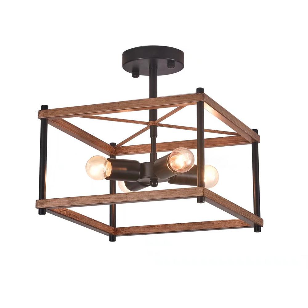 Industrial Wood Square Four Light Ceiling Fixture. Picture 7