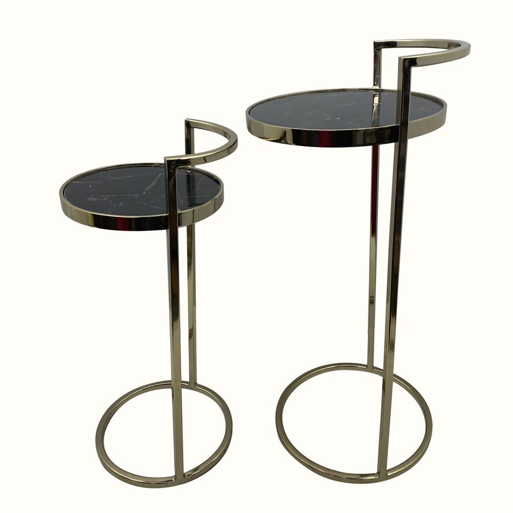 Set Of Two 27" Gold And Black Stone Round Nested Tables. Picture 3