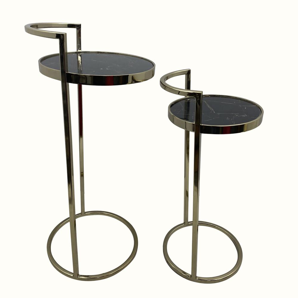 Set Of Two 27" Gold And Black Stone Round Nested Tables. Picture 4