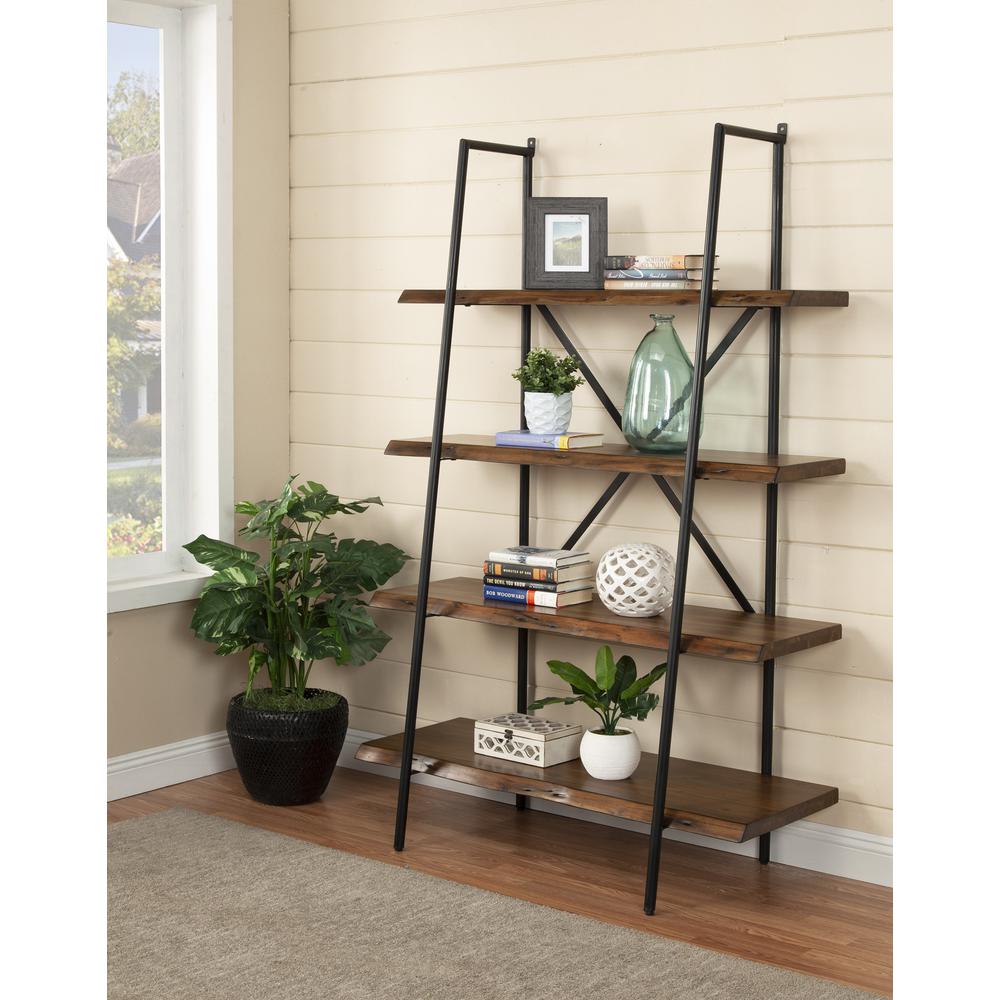 79" Brown and Black Acacia Live Edge Vertical Step Open Back Bookcase. Picture 5