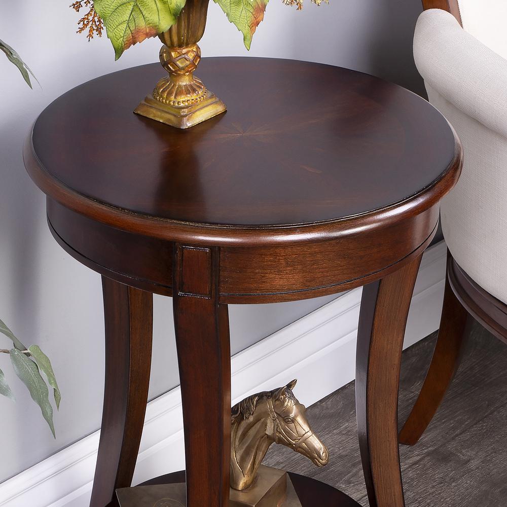 26" Dark Brown And Cherry Manufactured Wood Round End Table With Shelf. Picture 7