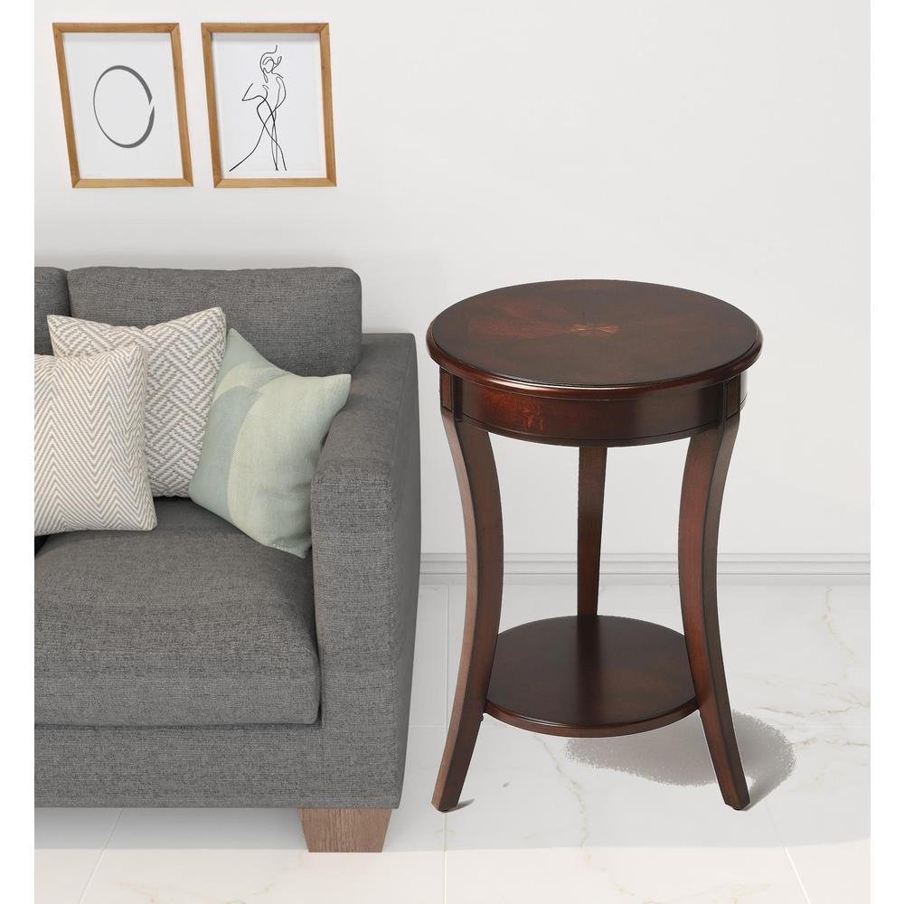 26" Dark Brown And Cherry Manufactured Wood Round End Table With Shelf. Picture 5