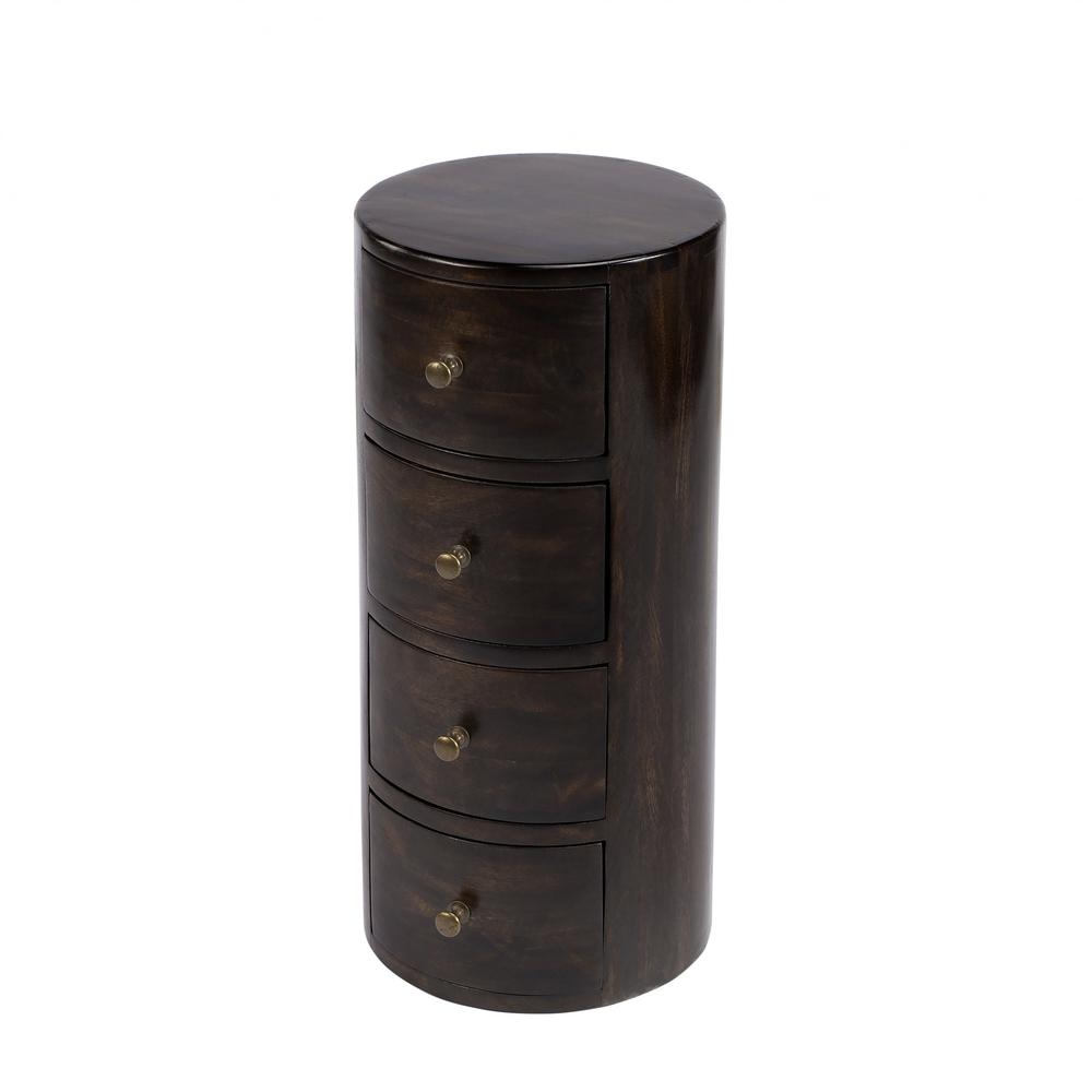24" Dark Brown Chocolate Wood Round End Table With Four Drawers. Picture 1