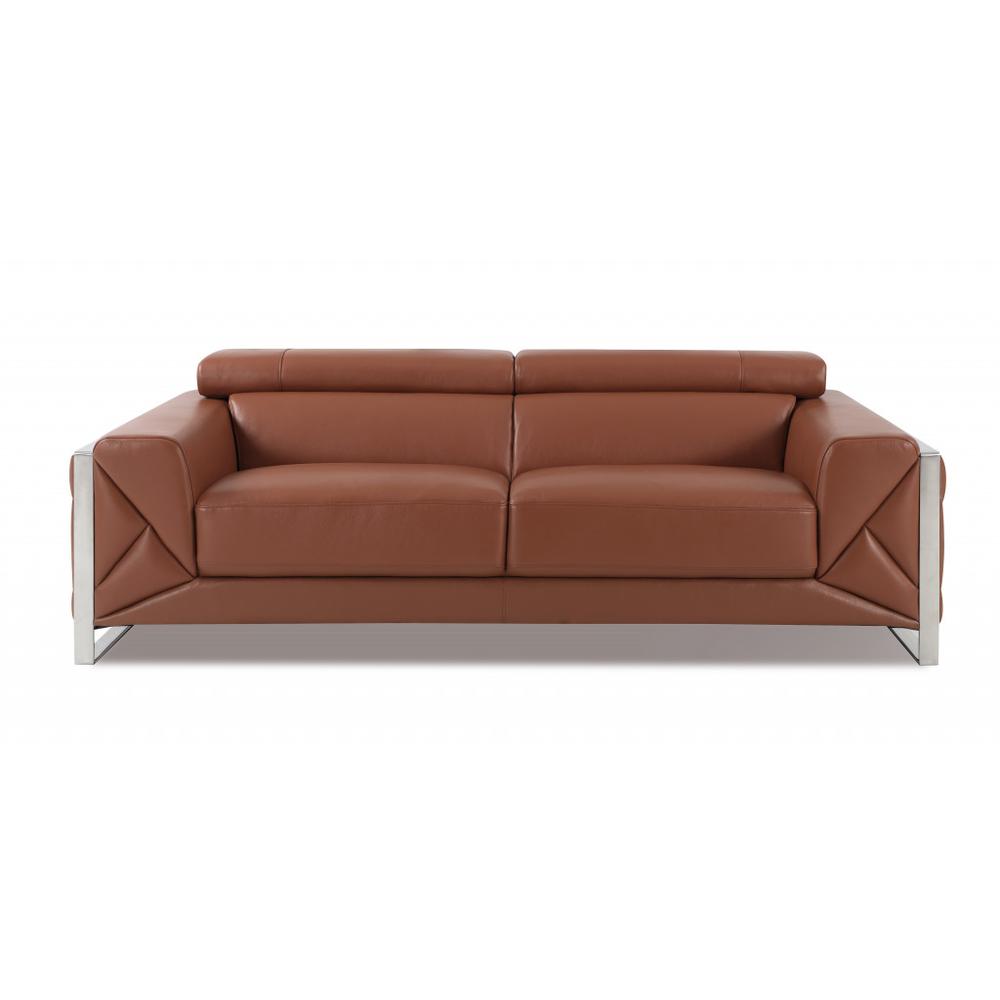 89" Camel And Silver Genuine Leather Sofa. Picture 1