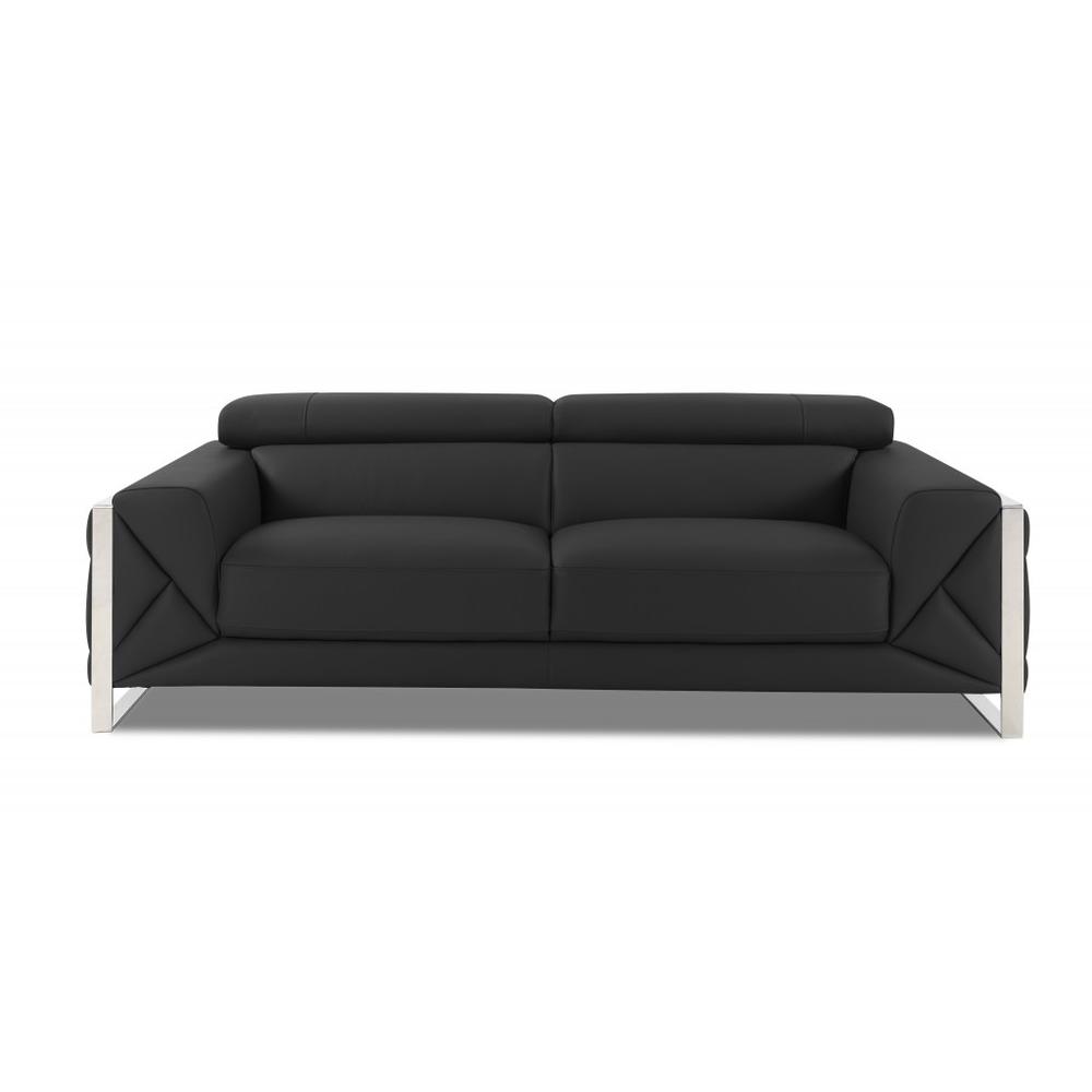 89" Dark Gray And Silver Genuine Leather Sofa. Picture 1