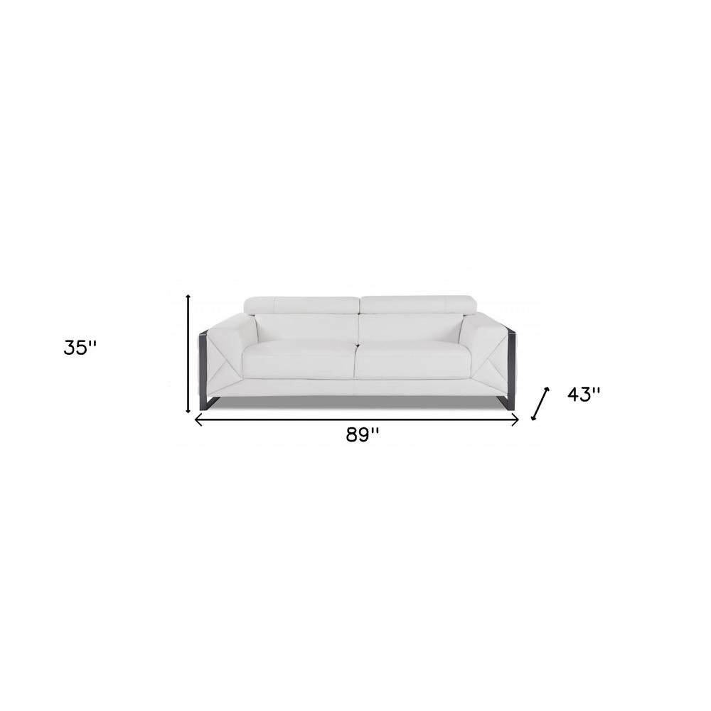 89" White And Gunmetal Genuine Leather Sofa. Picture 9
