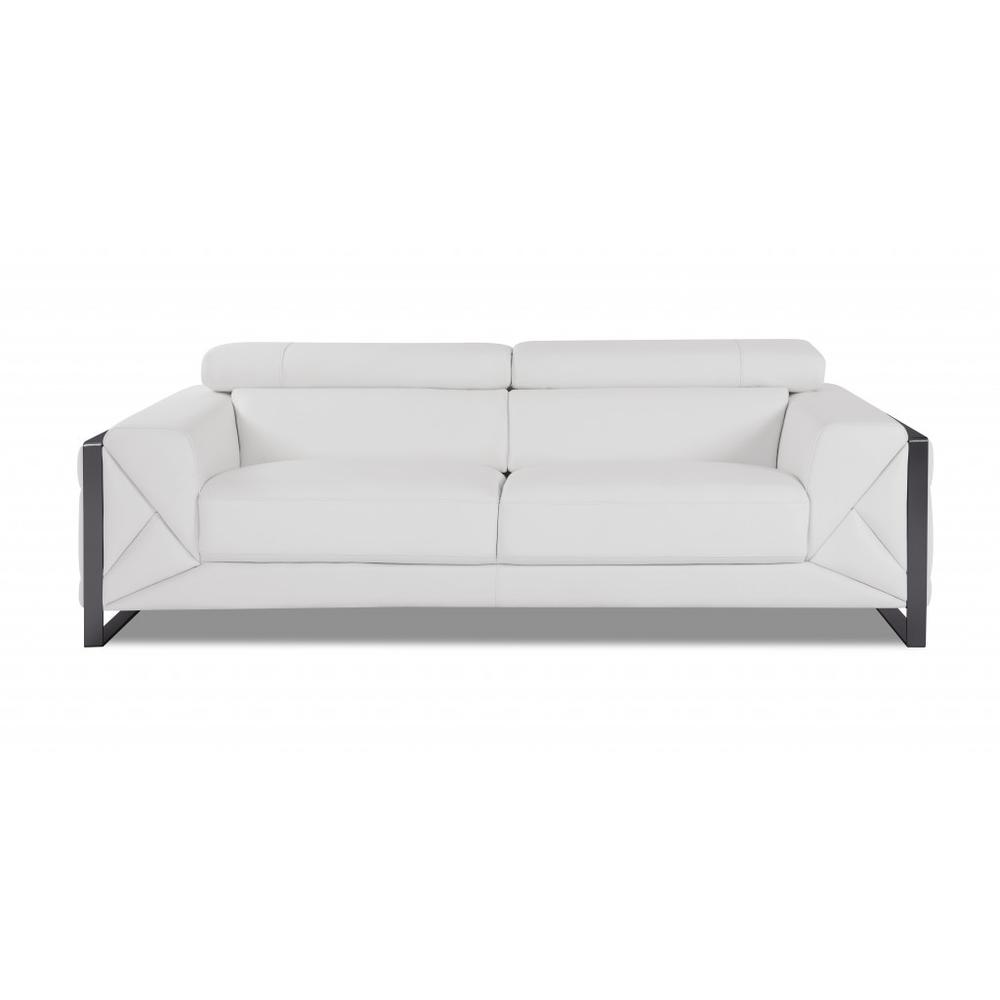 89" White And Gunmetal Genuine Leather Sofa. Picture 1