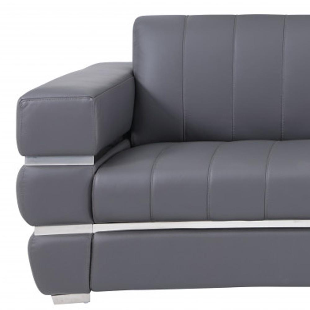 89" Dark Gray And Silver Genuine Leather Sofa. Picture 8