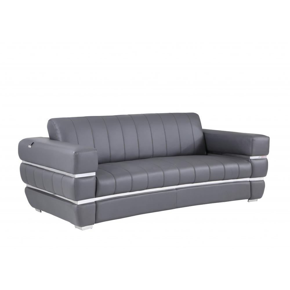 89" Dark Gray And Silver Genuine Leather Sofa. Picture 3