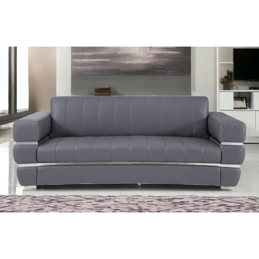 89" Dark Gray And Silver Genuine Leather Sofa. Picture 2