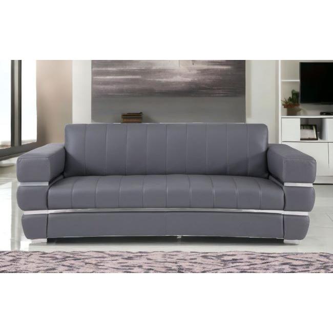 89" Dark Gray And Silver Genuine Leather Sofa. Picture 9