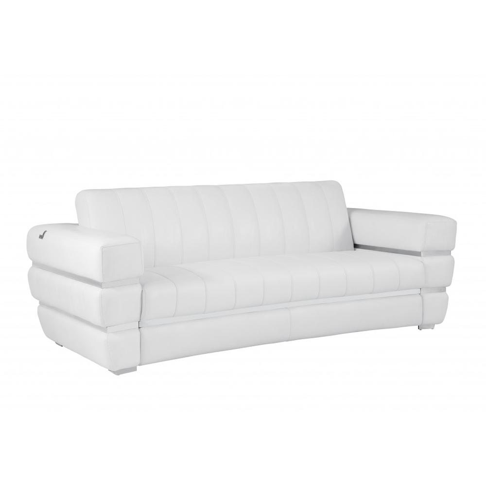 89" White And Silver Genuine Leather Sofa. Picture 1