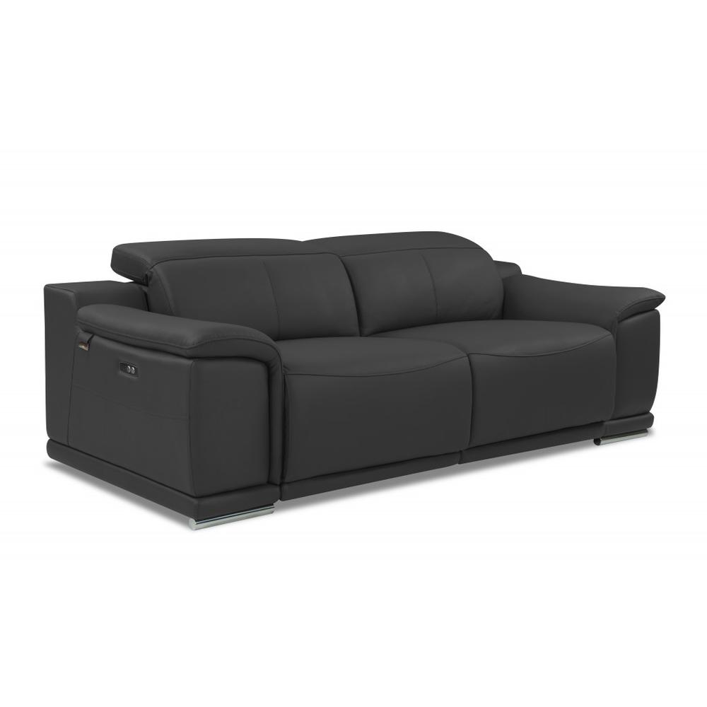 86" Dark Gray And Silver Italian Leather Reclining USB Sofa. Picture 1