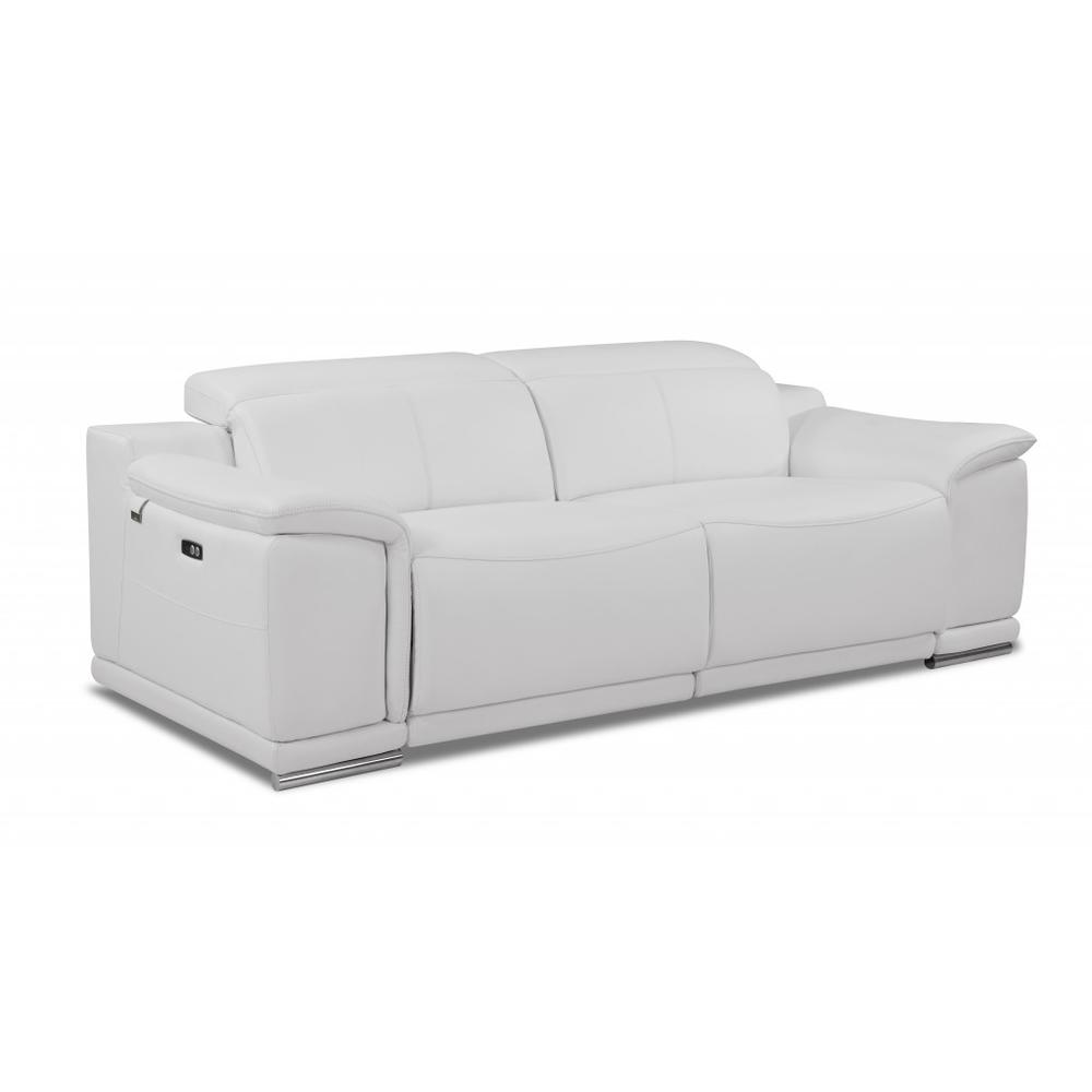 86" White And Silver Italian Leather Reclining USB Sofa. Picture 1