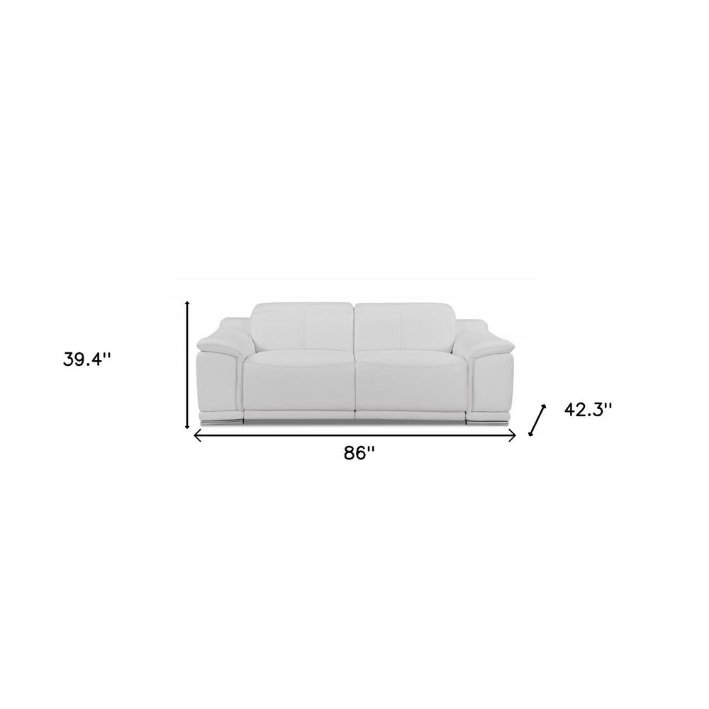 86" White And Silver Italian Leather Reclining USB Sofa. Picture 7