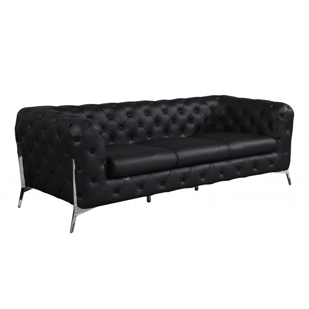 93" Black And Silver Genuine Leather Sofa. Picture 1