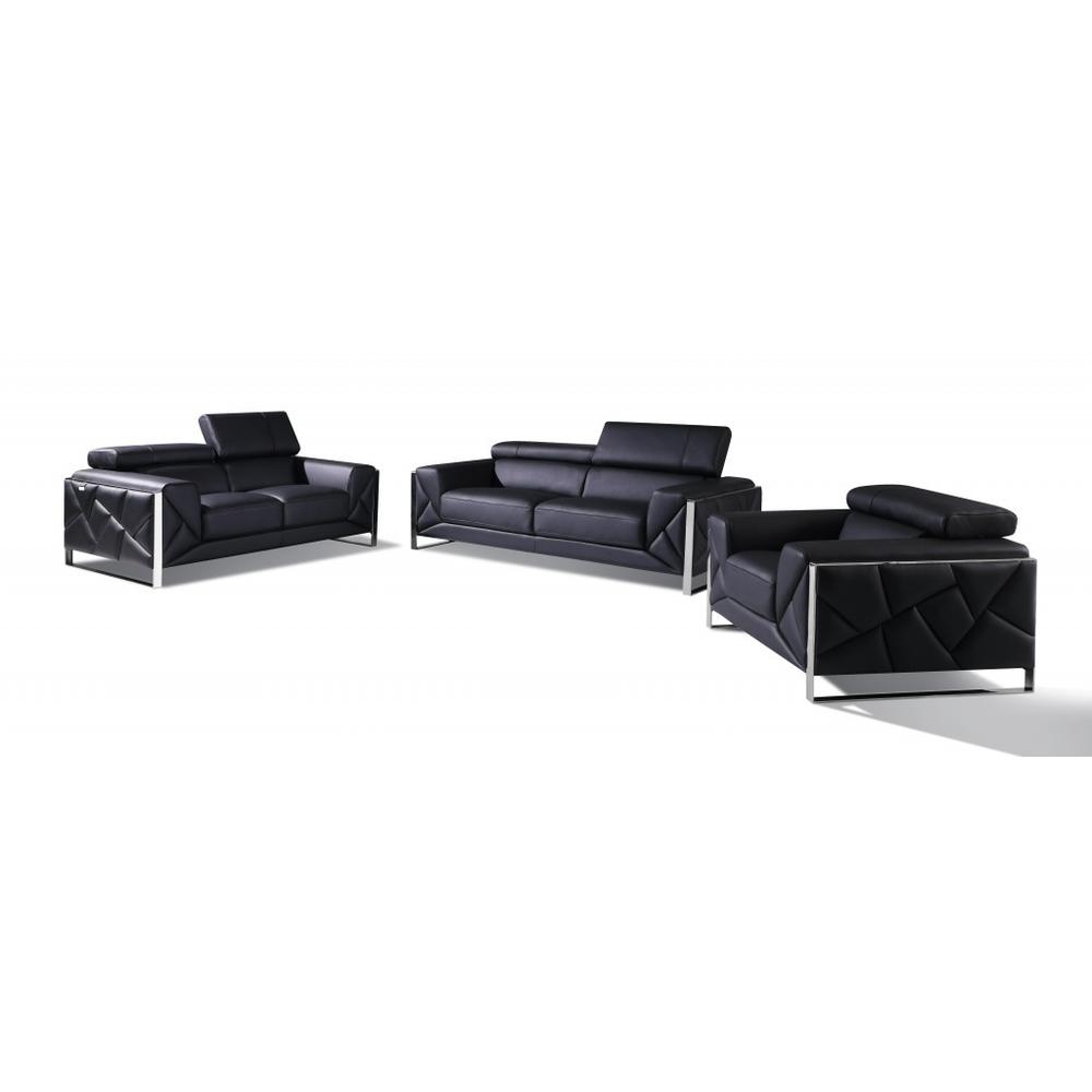 Three Piece Indoor Black Italian Leather Six Person Seating Set. Picture 1