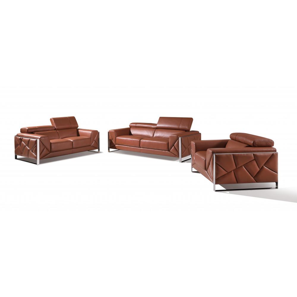 Three Piece Indoor Camel Italian Leather Six Person Seating Set. Picture 1