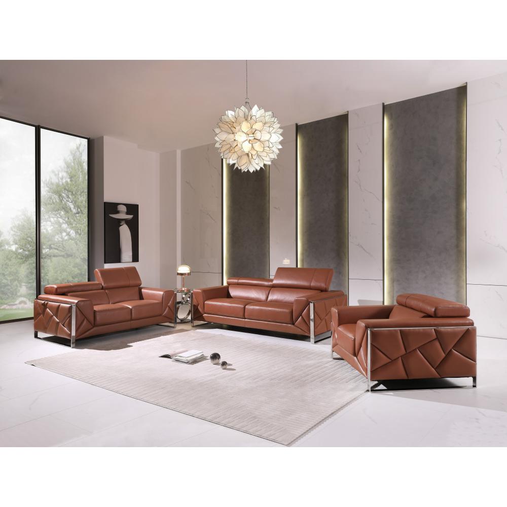 Three Piece Indoor Camel Italian Leather Six Person Seating Set. Picture 6