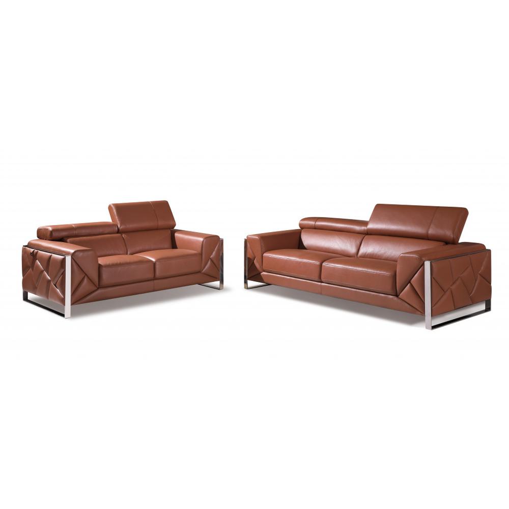 Two Piece Indoor Camel Italian Leather Five Person Seating Set. Picture 1