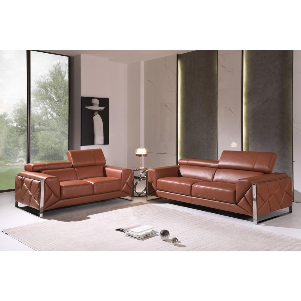 Two Piece Indoor Camel Italian Leather Five Person Seating Set. Picture 6