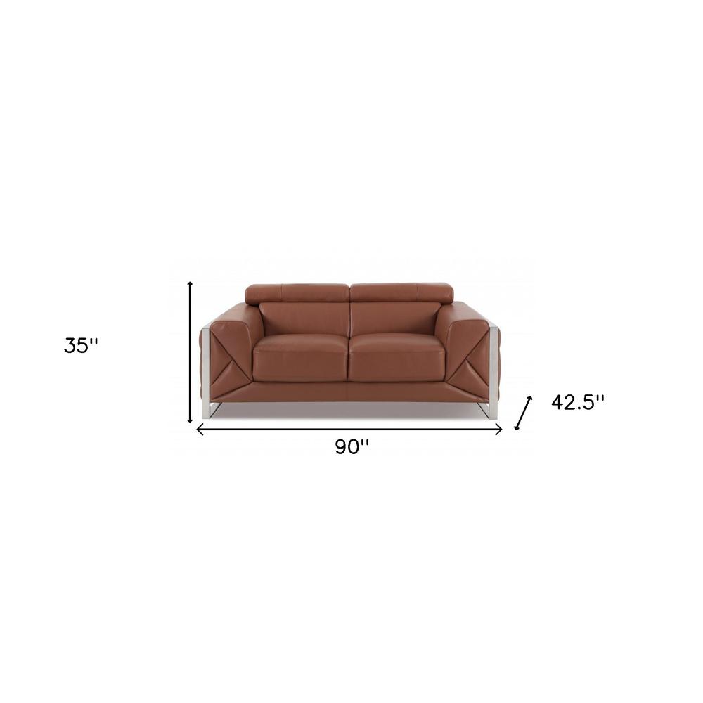 Two Piece Indoor Camel Italian Leather Five Person Seating Set. Picture 7