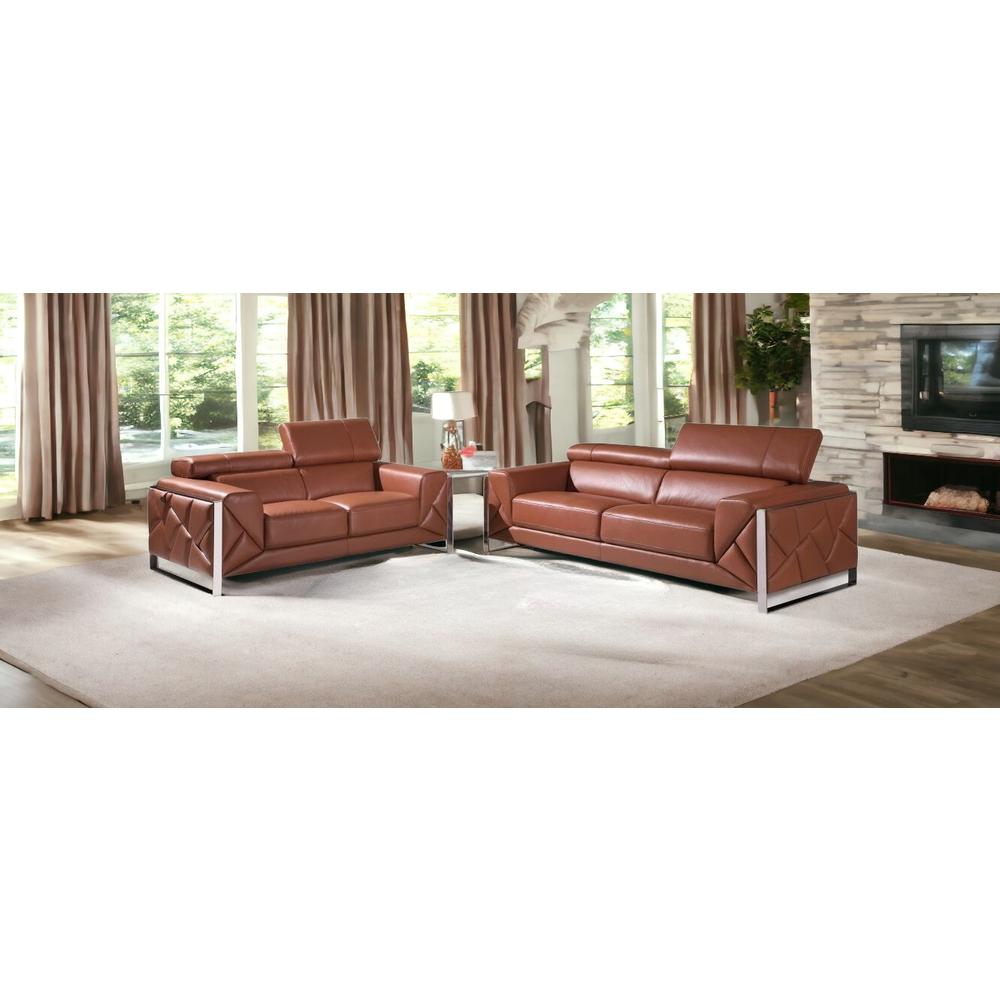 Two Piece Indoor Camel Italian Leather Five Person Seating Set. Picture 2