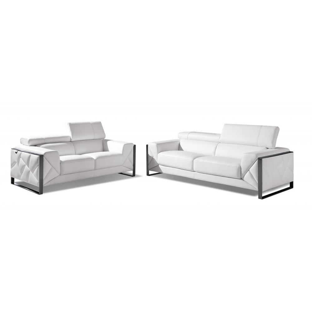 Two Piece Indoor White Italian Leather Five Person Seating Set. Picture 1