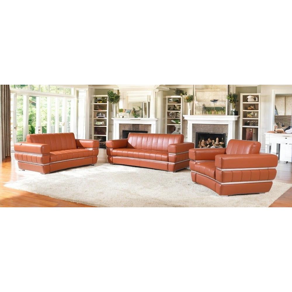Three Piece Indoor Camel Italian Leather Six Person Seating Set. Picture 2