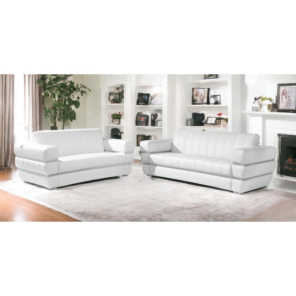 Two Piece Indoor White Italian Leather Five Person Seating Set. Picture 2