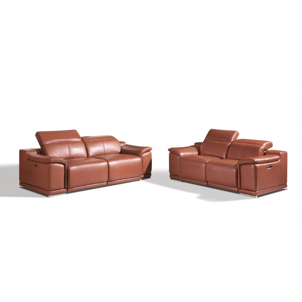 Two Piece Indoor Camel Italian Leather Five Person Seating Set. Picture 1
